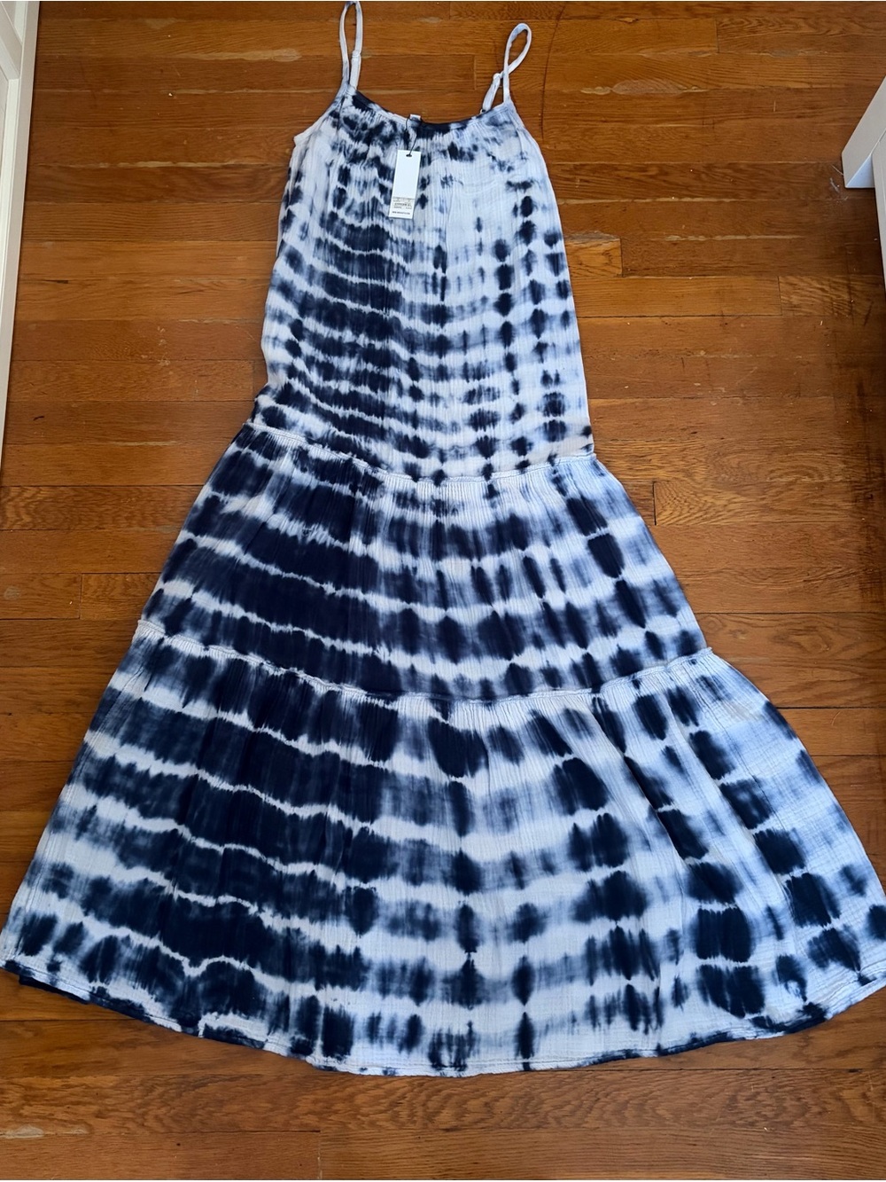 BB Dakota Navy & White Tie-Dye Tiered Maxi Dress